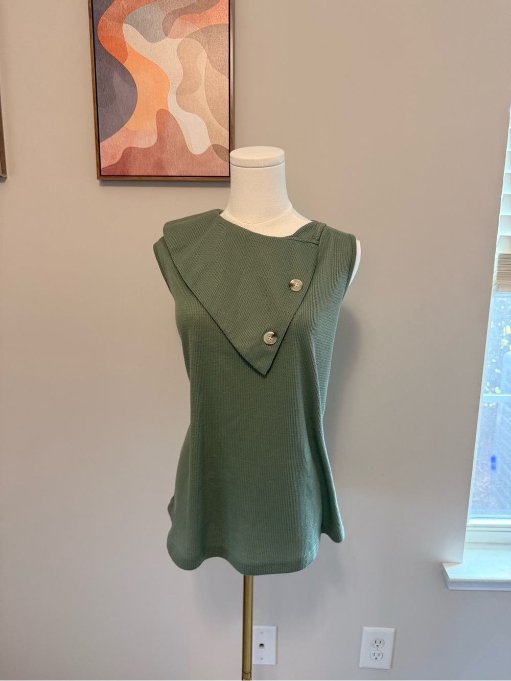 Sleeveless Sage Split Neck Waffle Knit Button-Detail Top